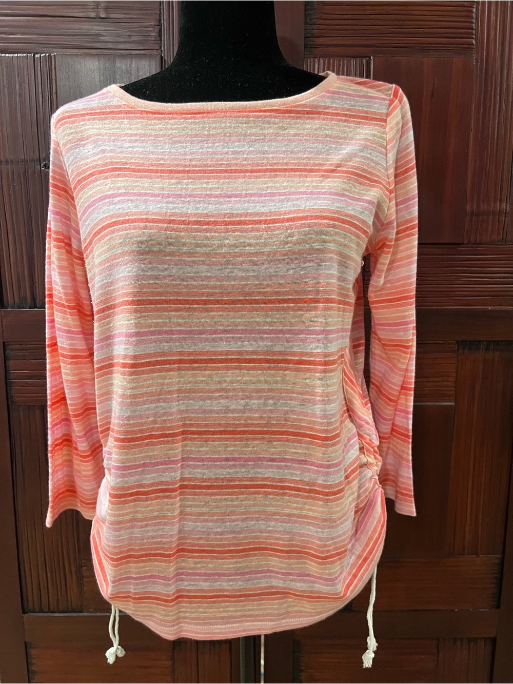 Talbots Linen-blend Coral, Pink and White Striped 3/4 Sleeve Boatneck Top, PL